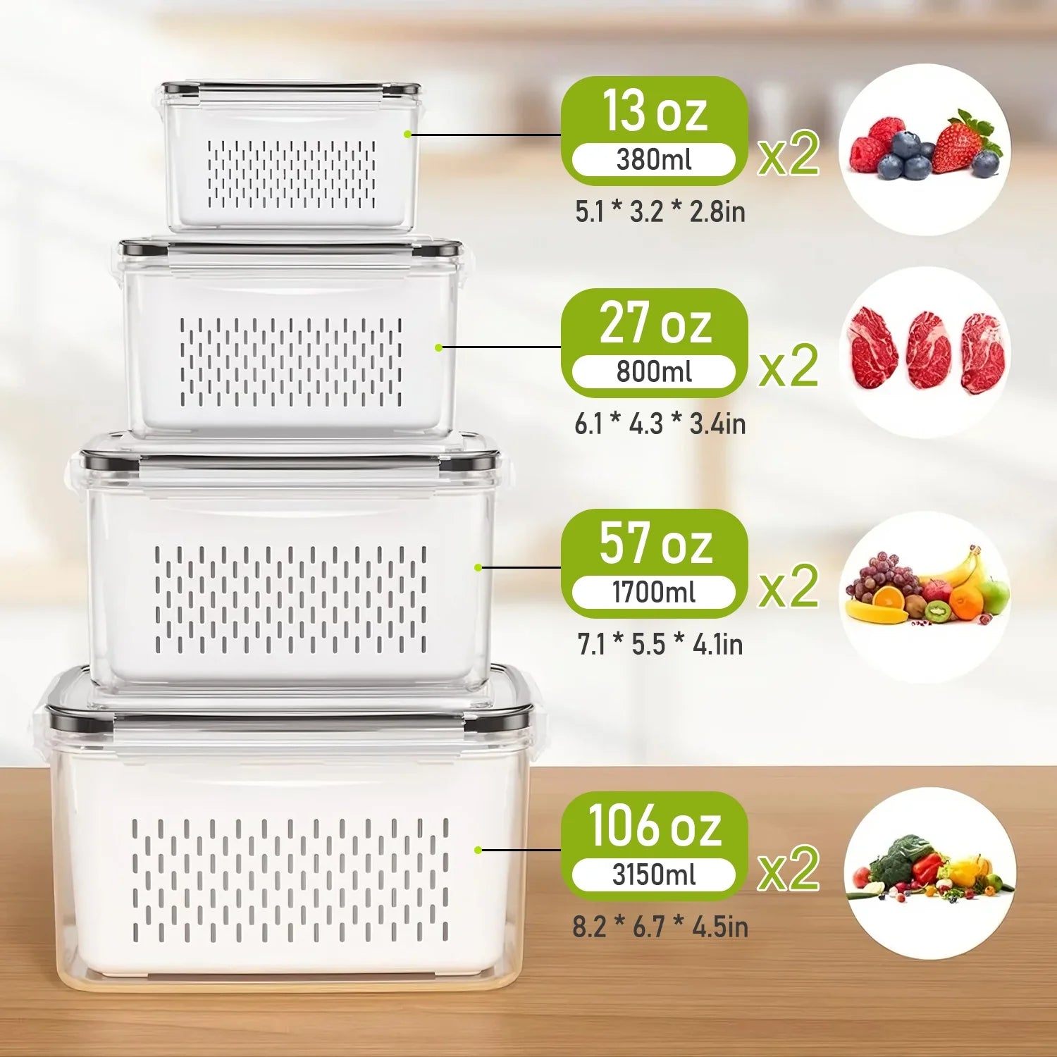 8 Pack Fruit Storage Containers for Fridge, Leakproof Fruit Containers for Fridge with Colanders, Bpa-Free Produce Storage Containers with Lids Keep Fruits, Vegetables, Berry, Meat Fresh Longer
