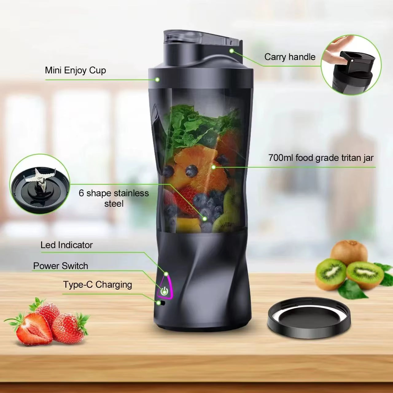 2025 New Portable Electric Wireless Juicer USB Charging 700Ml Large-Capacity Large Household Juicer Fruit Sctional 700ML Blender
